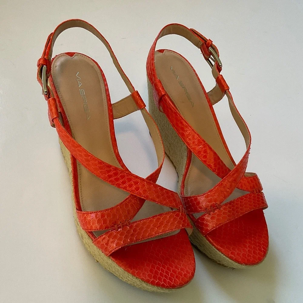 VIA SPIGA Wendi Crisscross Orange Snake Embossed Leather Wedge Sandal Size  8.5